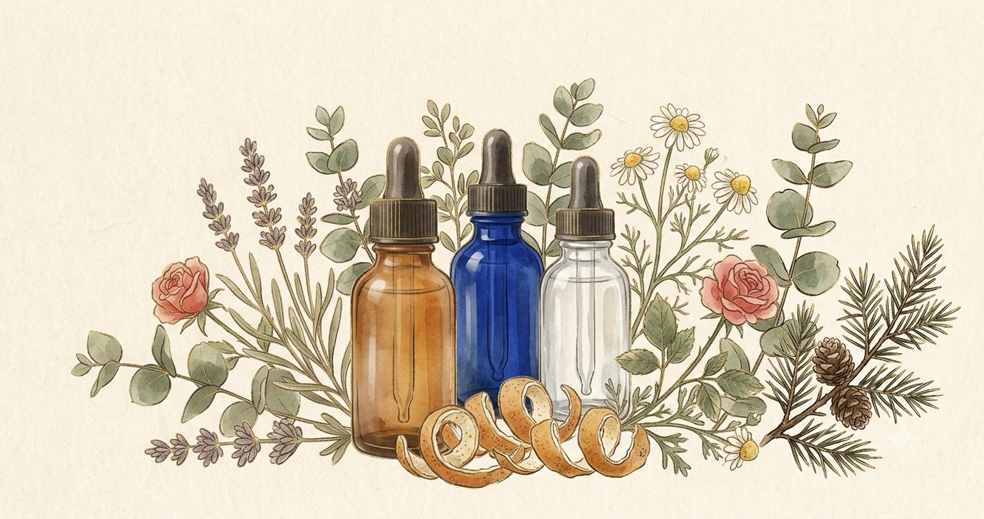 精油瓶與植物的水彩插畫